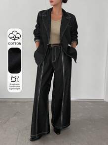 DAZY 女士宽松双色牛仔西装裤 - 深灰色 - 查看 1