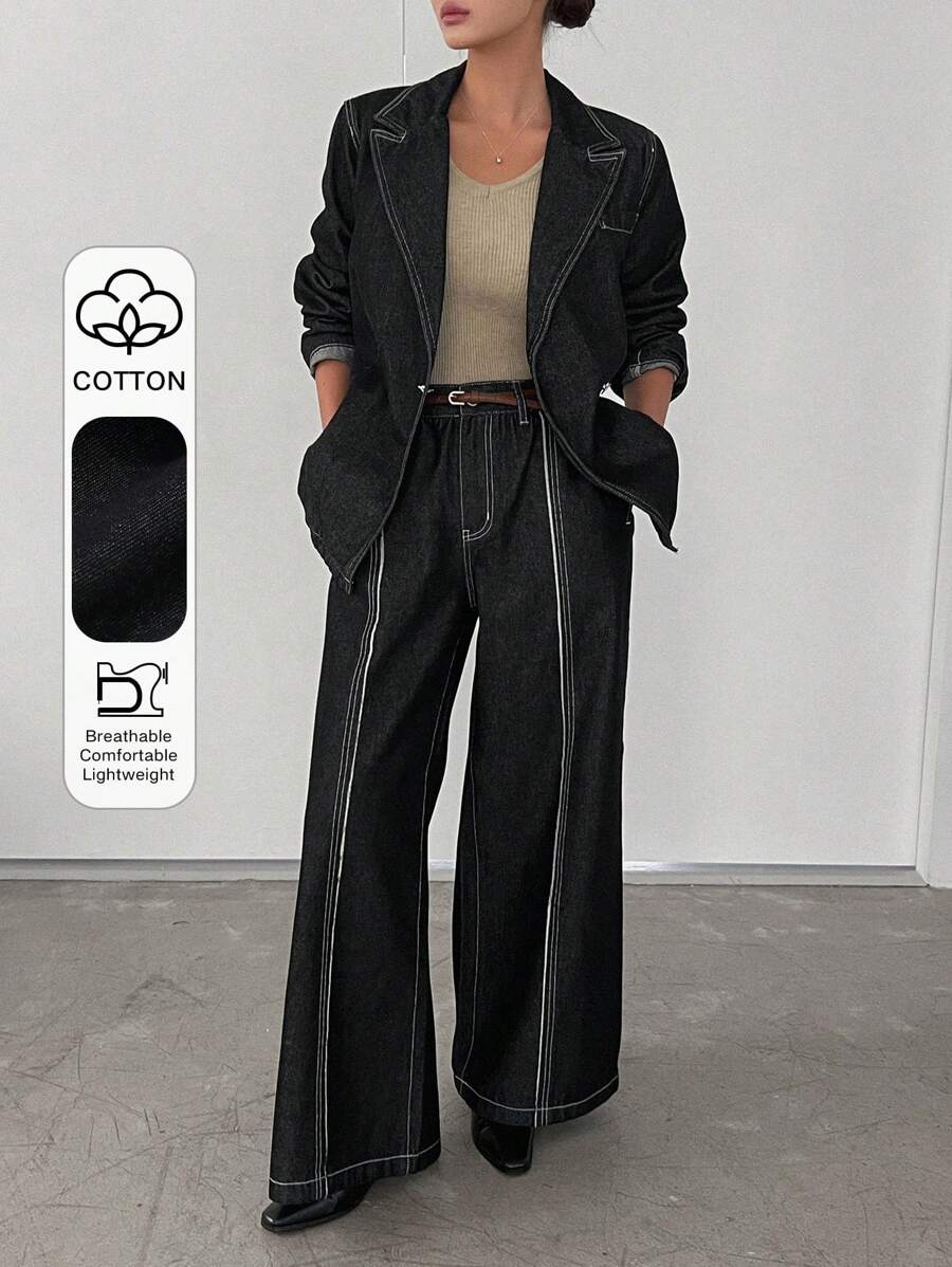 DAZY 女士宽松双色牛仔西装裤 - 深灰色 - 查看 1