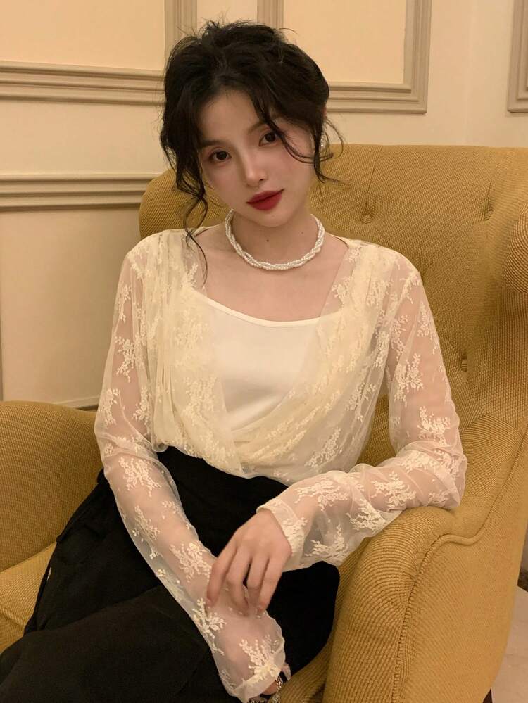 Women's Lace Loose Oblique Collar 2 In 1 Long Sleeve Elegant Holiday Summer Blouse