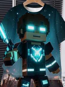 2 Pieces Young Boy Casual Minimalist Classic Cool Futuristic Cyberpunk Pixel Block Mechanic Hero Warrior Print Crew Neck Short Sleeve T-Shirt And Shorts Set, Suitable For Summer - Multicolor - View 4