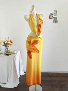 Soleia Bohemian Tropical Elegant Bowknot Strap Hollow Out V-Neck Orange Knit Print Long Dress, Casual For Beach, Wedding Guest, Graduation, St. Patrick's Day, Spring Break, Easter, Music Festival Sunset Dresses Long Yellow Dress Yellow Satin Dress Yellow Formal Dress Yellow Church Dress - Multicolor - View 3