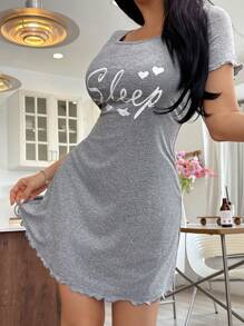 SHEIN Váy ngủ tay ngắn in chữ tình yêu giản dị cho nữ, phong cách Ins, mùa hè - Xám - Xem 5