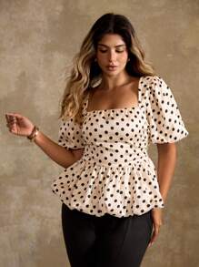 Roveilla Áo cánh tay ngắn xếp nếp cổ vuông tay lỡ satin chấm bi xếp ly tay ngắn cho nữ mùa xuân/hè cỡ lớn, áo mùa hè, trang phục công sở thường ngày cho nữ, áo khoác ngoài và áo sơ mi nữ đáng yêu, áo sơ mi nữ, trang phục mùa hè cho nữ - Màu be - Xem 4