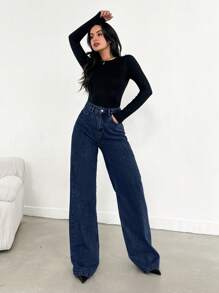 EURMUSE HIGH WAIST WIDE LEG LONG HEM BLUE JEAN - 716 GR - Dark Wash - View 6