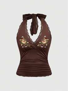 ROMWE Hippie Áo kiểu yếm ren thêu hoa hồng và ong phong cách Bohemian dành cho nữ, thích hợp cho kỳ nghỉ. - màu nâu - Xem 1