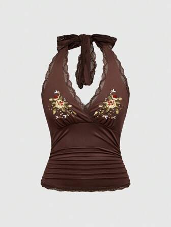 Hippie Top con scollo a canottiera in stile bohémien da vacanza, con ricamo di rose e api, per donne