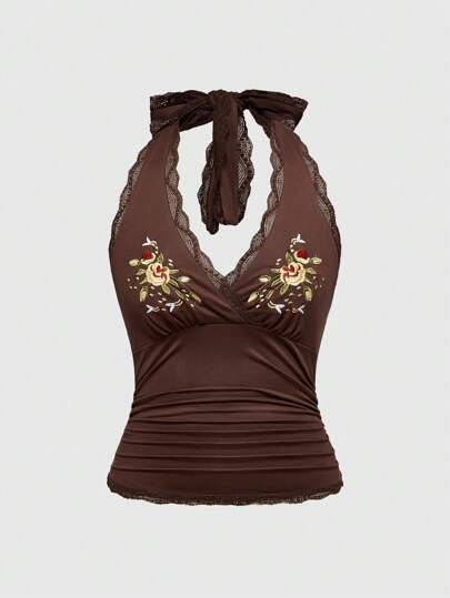 Hippie Chaleco bohemio de verano para mujer con bordado de planta de rosa y abeja en el cuello halter