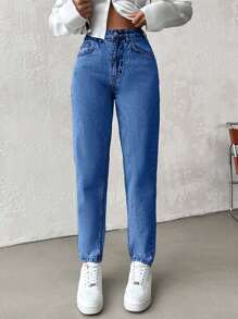 RueChic High-waisted Tapered Leg Denim Jeans - Baby Blue - View 3