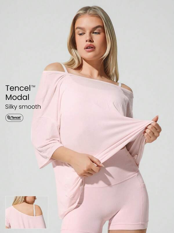 GLOWMODE Modal Silky Smooth Asymmetrical Hem Off-Shoulder 3/4 Sleeve Active Tee T-Shirt Daily Casual Wear