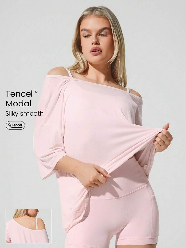 モーダル シルキースムース アシンメトリーヘム オフショルダー 3/4スリーブ アクティブティー Tシャツ デイリーカジュアルウェア