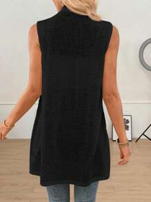 SHEIN LUNE 无袖开襟纯色不对称下摆背心，适合秋冬季女士办公室穿着，休闲百搭。 - 黑色 - 查看 2