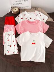 Genkimix Kids 6pcs/3sets Toddler Girl T-Shirt & Shorts Set, Cherry Print Clothes Outfit For Kids
