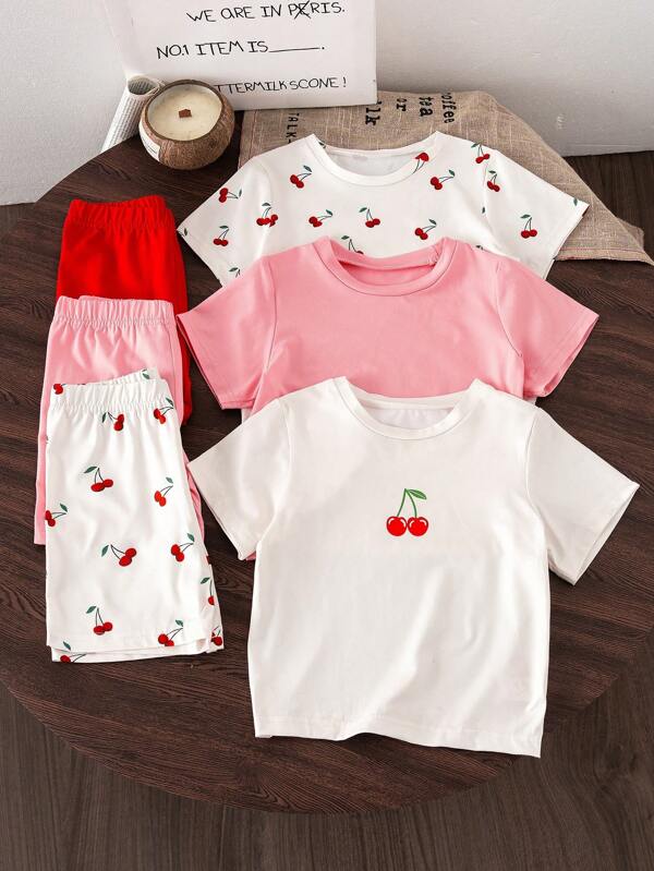 Genkimix Kids Set de 3 piezas de camiseta y shorts para niñas, conjunto informal con estampado de cerezas lindas, camiseta de manga corta y shorts sueltos, adecuado para el verano