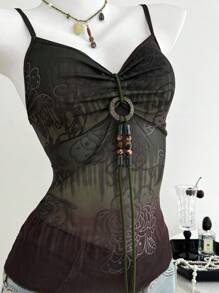 Vintage Printed Beaded String Front Ruched Summer Casual Women Tank Top - Multicolor - View 5