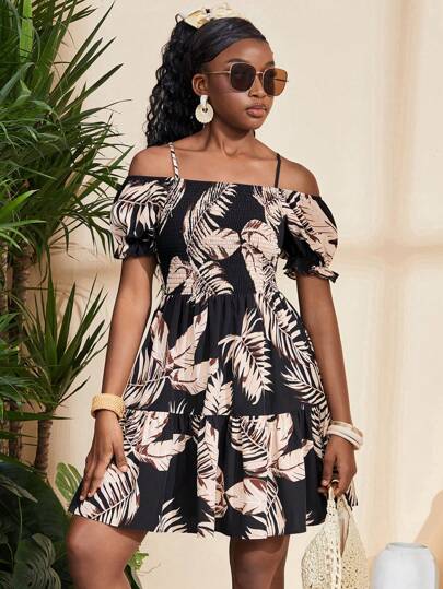 SHEIN Leap Crew Teen Girls Floral Print Off Shoulder Mini Dress With Cinched Waist, Spaghetti Strap, Beach Vacation Style Summer Outfits For Girl