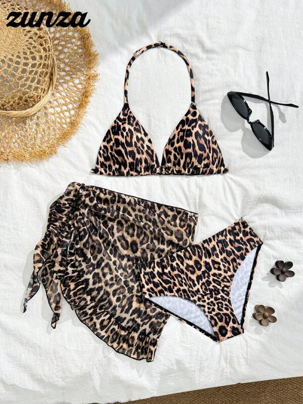 Wildeya Set bikini cu imprimeu leopard și decolteu halter pentru fete preadolescente, pentru vară