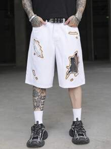 Manfinity EMRG Pantalones cortos vaqueros informales con diseño gráfico y rotos de ajuste holgado para hombres, ideal para el verano - Blanco - Ver 5