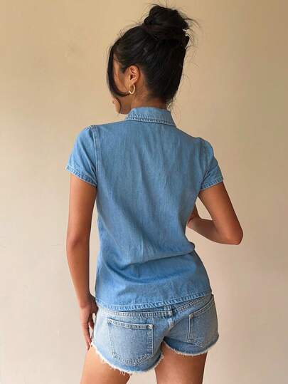 Siren Gaze Women's Casual Fitted Denim Short Sleeve Blouse, Blue Summer