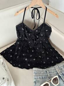 INAWLY Women's Bow Print Drawstring Halter Backless Sexy Camisole - Black - View 5