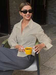 DAZY 女式纯色修腰长袖休闲复古优雅衬衫，秋季 - 薄荷綠 - 查看 5