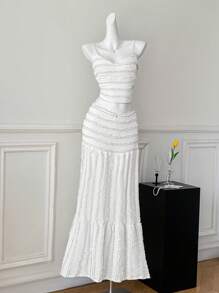 SHEIN EZwear 2件套夏季休闲白色女士吊带背心和裙子套装 - 白色 - 查看 7