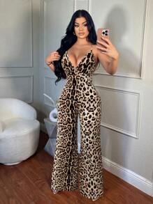 SHEIN SXY 女式性感豹纹深V领露背连体衣，夏季 - 棕色 - 查看 4