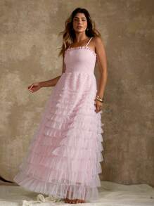 Flirla Plus Size Elegant Solid Color Mesh Maxi Slip Dress, Summer - Pink - View 6