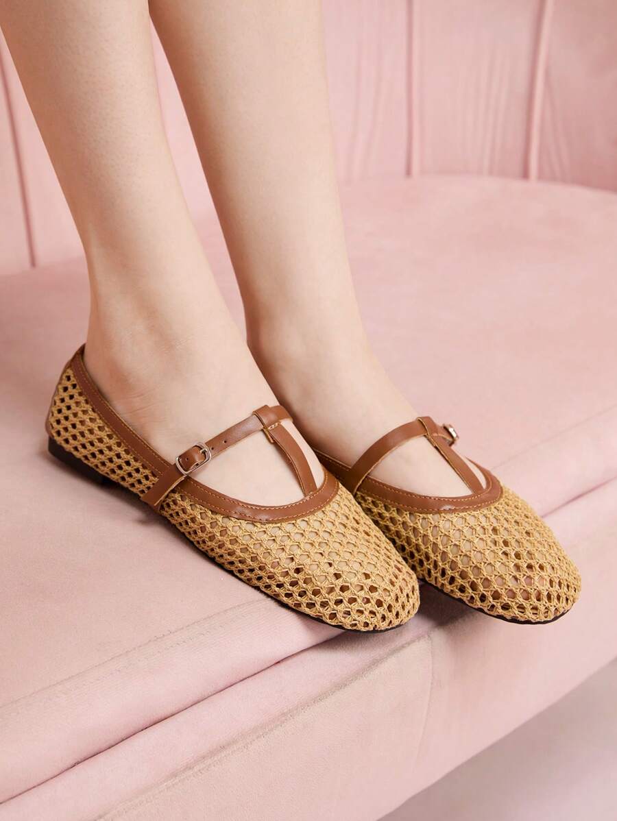 CUCCOO DOLLMOD Women's Fashion Apricot T-Strap Hollow-Out Woven Flat Shoes - Apricot - View 1