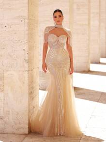 Glamrae Vestido elegante y lujoso con contraste de malla, perlas y lentejuelas en diseño de cola de pez con mangas con flecos, adecuado para bodas, fiestas, vacaciones, galas y vestidos de noche (Resistente)