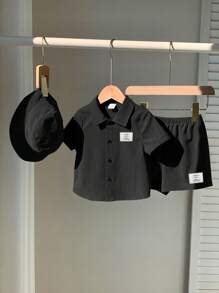 SHEIN 3 pièces/Set Top de cardigan à col brodé à manches courtes pour bébé garçon, shorts à taille élastique et chapeau