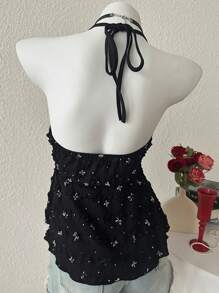 INAWLY Women's Bow Print Drawstring Halter Backless Sexy Camisole - Black - View 2