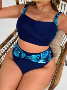Swim Lushoire Plus Size Women 2pcs Set Plant Print Cross Front Camisole Top And Triangular Bottom Swimsuit Set, For Vacation,Summer Outfits For Women,Bathing Suit