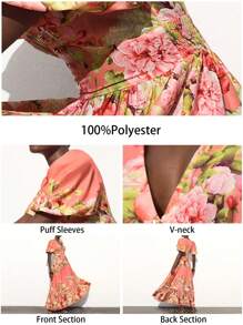 Maija Vestito estivo casual da spiaggia in cotone multicolore con ricamo a peonia, scollo a V, maniche a palloncino, vita svasata midi, stile bohémien romantico per vacanze, Isola di Ibiza