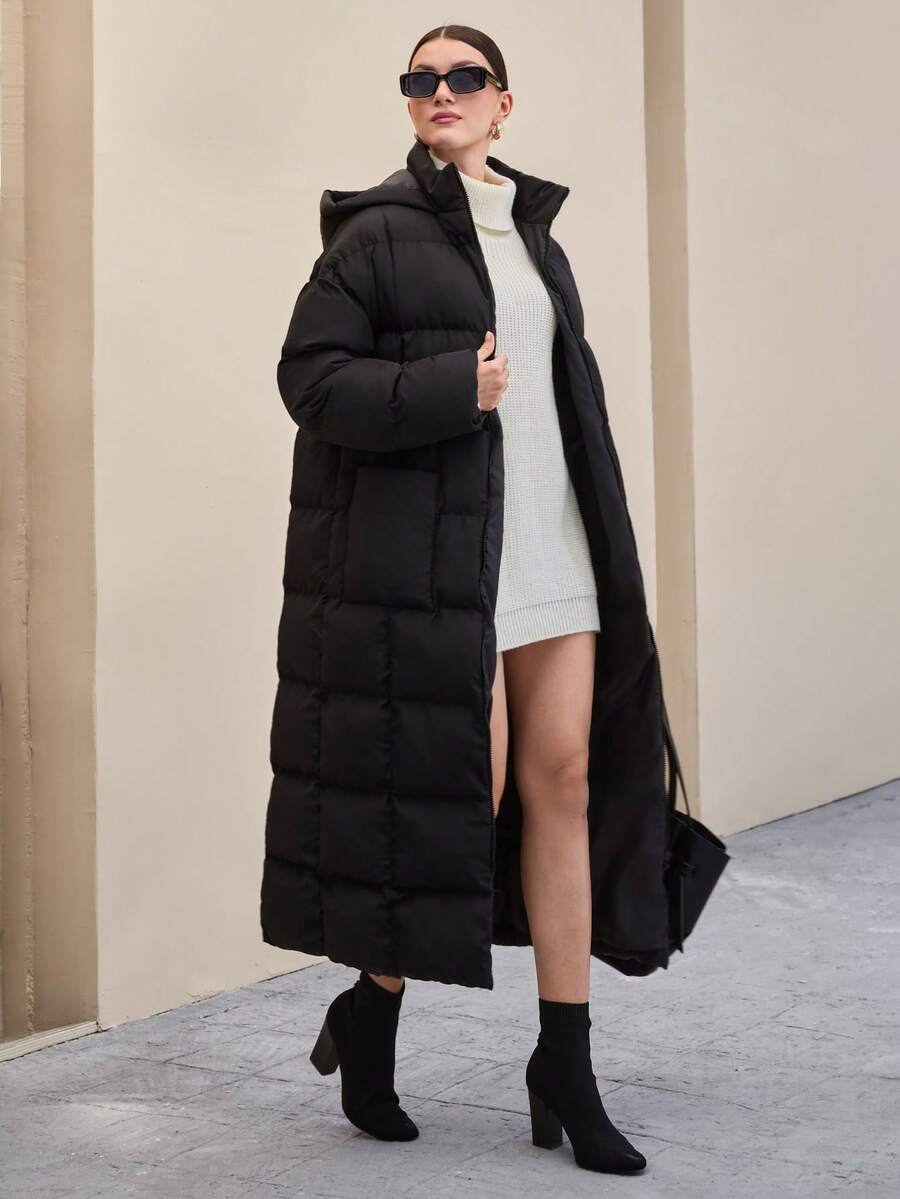 EURMUSE Women Hooded Extra Long Pocket And Zipper Detailed Black Winter Padded Coat Insulated Coat - Black - View 1