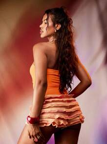 MISSGUIDED Double Flower Embellished Strapless Bodysuit Fashion Summer Swim Cover Holiday Beach Poolside Resort Wear Cut Out Design - Orange - View 2