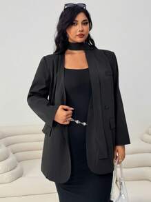 SHEIN EZwear Plus Size Casual Solid Double-Breasted Suit Jacket - Black - View 4