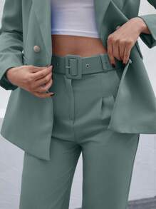EURMUSE Women's Solid Color Lapel Shoulder Long Sleeve Gray-Green Double-Breasted Suit Set - Mint Green - View 6