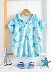 SHEIN 男婴可爱卡通印花连帽泳衣罩衫，适合夏季海滩度假