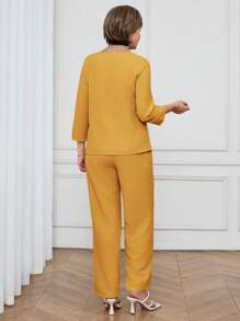 Miaspire 2 piezas Conjunto de blusa de manga larga con botones decorativos y pantalones de unicolor minimalista, conjunto casual de verano amarillo para mujer primavera-verano - Amarillo - Ver 2