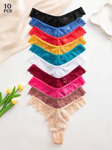 SHEIN 10pcs Ladies Lace Thong Briefs, Elegant And Comfortable Underwear, Sexy - Multicolor - View 3