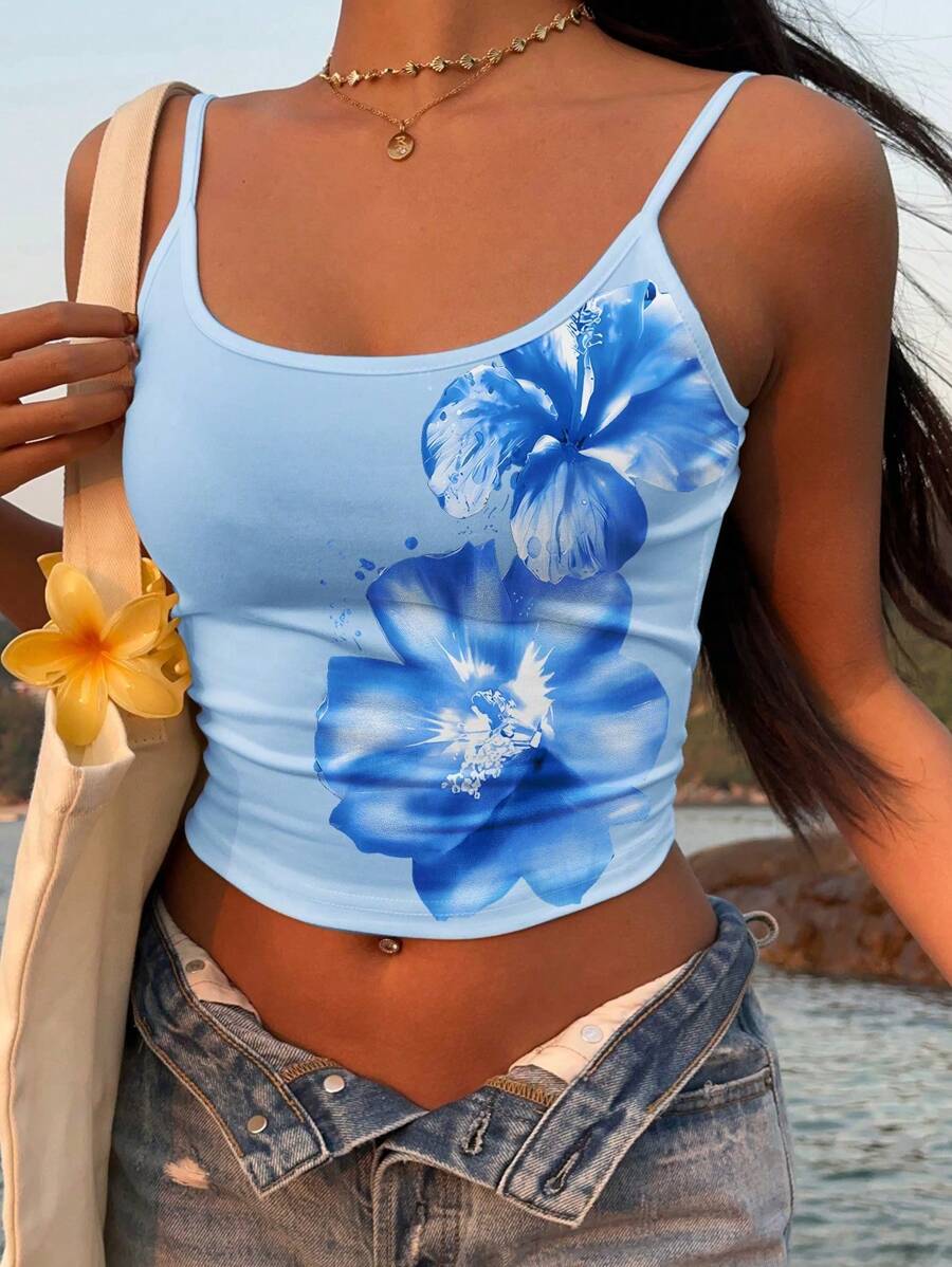 SHEIN EZwear Retro Style Vacation Tropical Cream Blue Floral Placement Print Sexy Racerback Tank Top, Suitable For Summer Suitable For Going Out