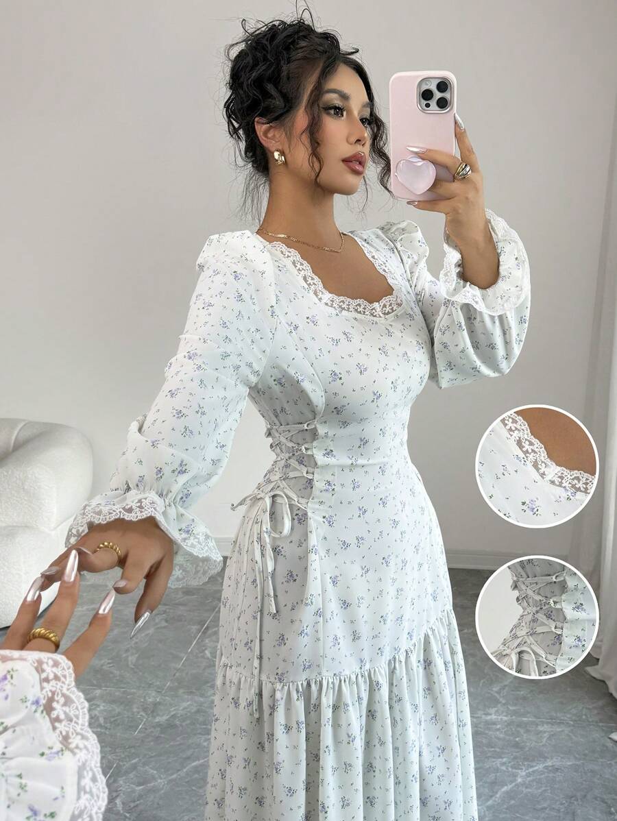 Modelyn 女式甜心领灯笼袖碎花优雅长袖连衣裙 - 杏色 - 查看 1