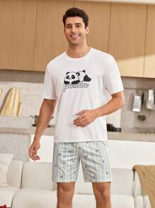 CoupledUp Conjunto de ropa de estar en casa para hombre con diseño a rayas de panda