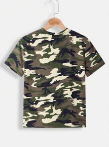 SHEIN Tween Boy Camo Print Casual Knit Short Sleeve Crew Neck T-Shirt, Summer - Green - View 2