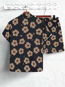 Manfinity RSRT 2pcs Men Summer Vacation Style Allover Floral Print Short Sleeve Shirt And Shorts Set