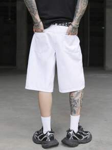 Manfinity EMRG Pantalones cortos vaqueros informales con diseño gráfico y rotos de ajuste holgado para hombres, ideal para el verano - Blanco - Ver 2