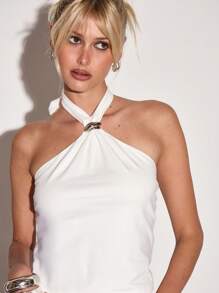 MUSERA Halterneck Metal Trim Detail Fitted Longline Sleeveless Top Summer Vacation 90's Streetstyle Festival Holiday Elegant Sexy Cute