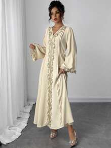 Rafferiza Women's Loose V-Neck Ruffle Trim Long Sleeve Robe/Long Dress, Turkish Robe, Arabic House Dress Fall Cloth For Women - Apricot - View 3