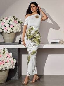 Modelyn 女式长款斜肩花卉印花针织修身优雅别致连衣裙，春夏 - 彩色 - 查看 7