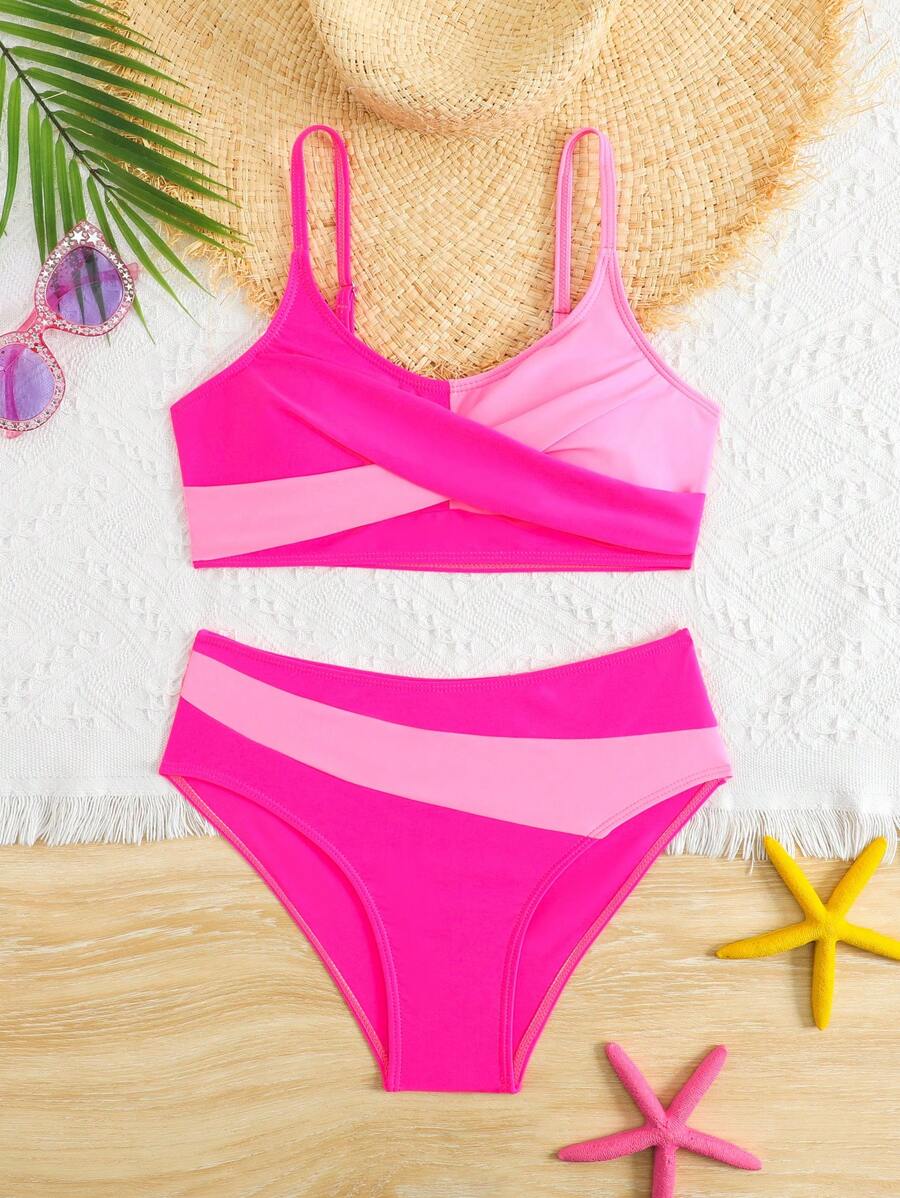 2pcs Teen Girls Pink Stitching Simple Fashion Bikini Set, Swimwear And Beach Outfit Swim Suits For Women Summer Bathing Suits 1pc For Teens Swimming Suits For Woman Bathing Suits For Teens Sets Two Pieces Swimsuit - Pink - View 1